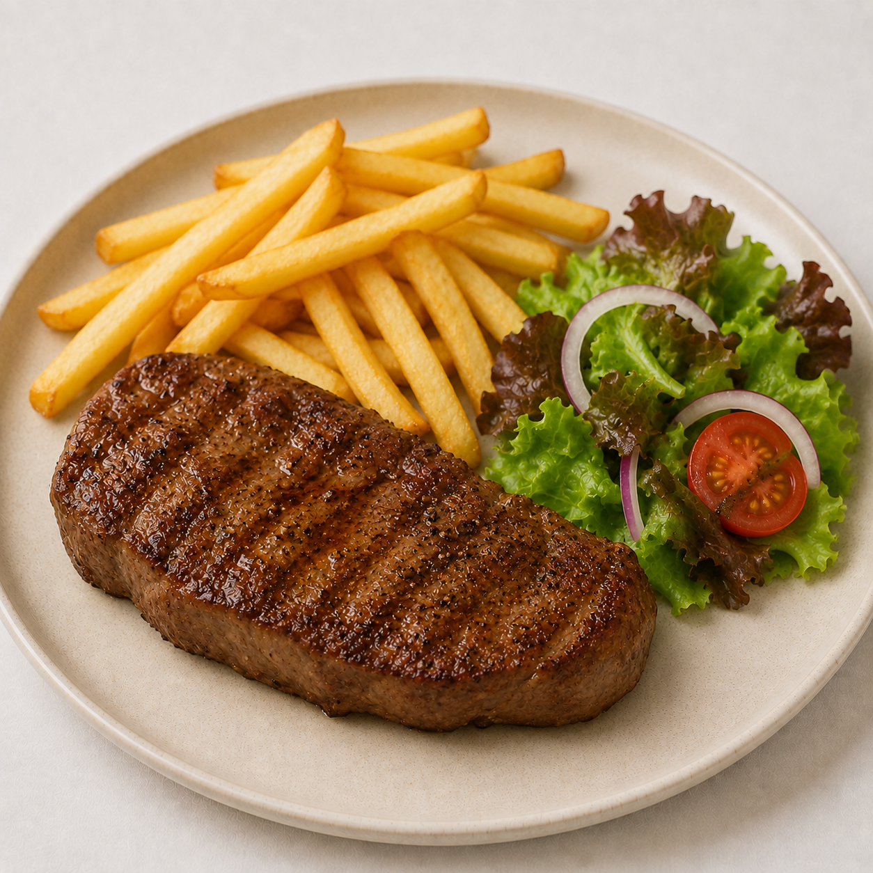 Steak mit Pommes oder Salat